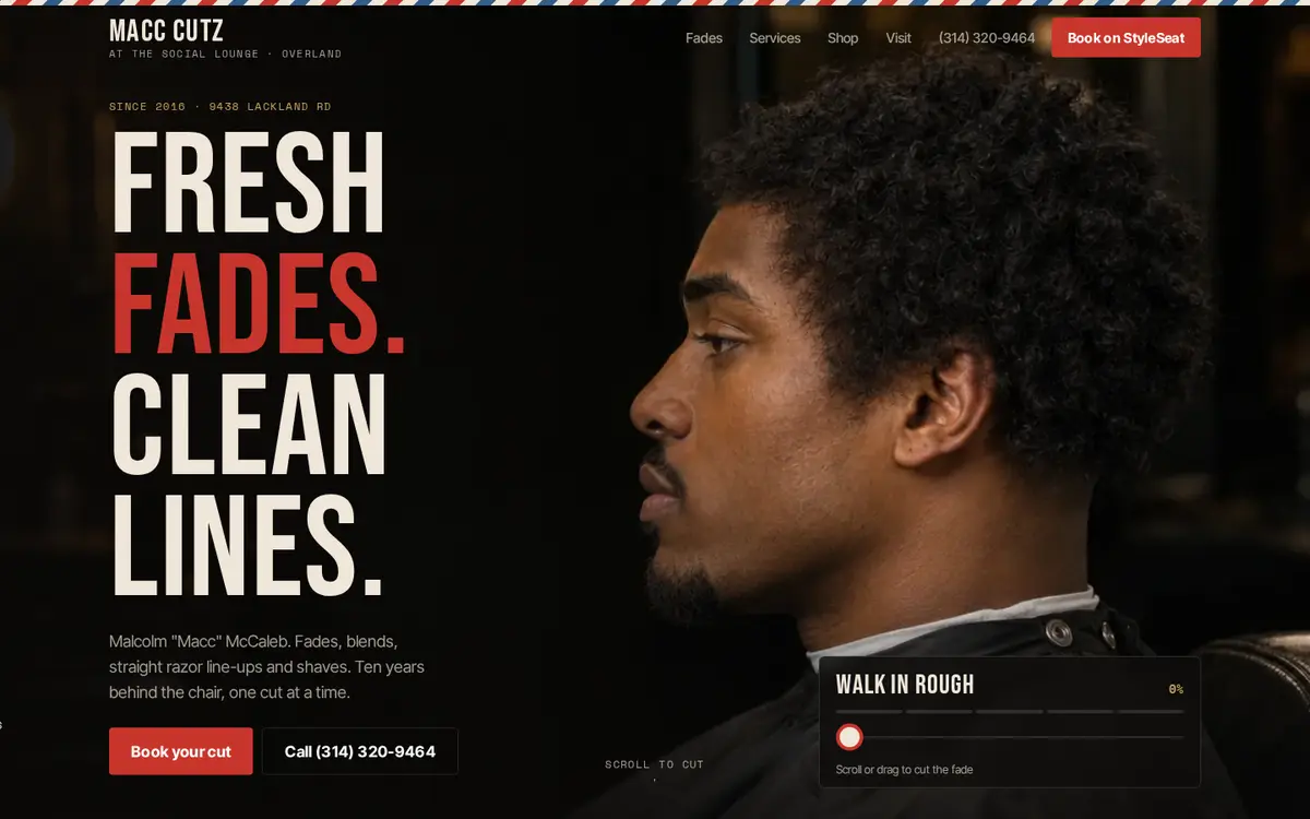 Macc Cutz barber website on desktop