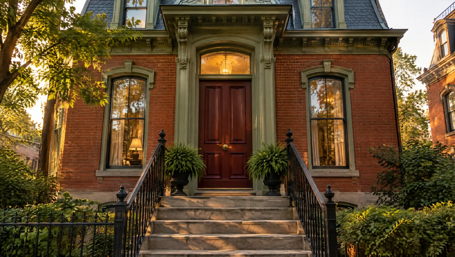 Stone steps up to a restored brick townhouse with an oxblood front door in Lafayette Square