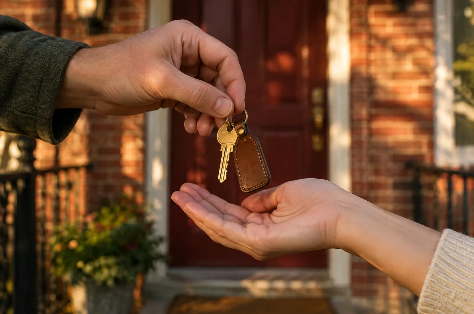 A brass house key handed into an open palm on a brick front porch