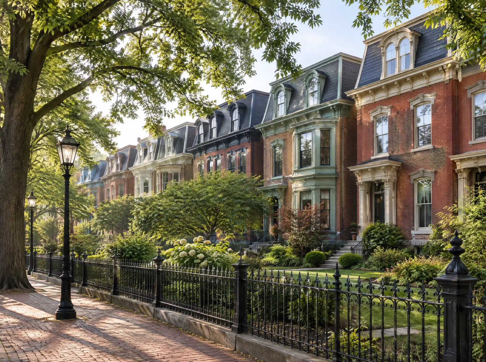 Restored Victorian townhouses facing a leafy park with an iron fence in Lafayette Square