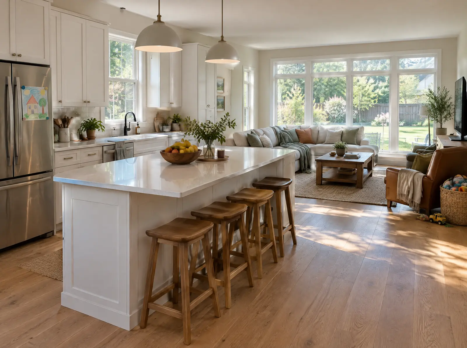 A bright new kitchen with white cabinets and a wood-stool island, opening onto a living room