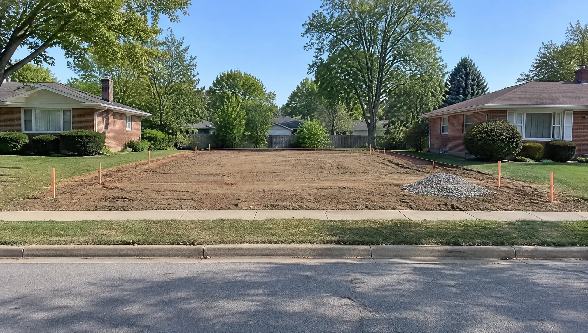 An empty graded lot with survey stakes between two brick ranch houses in Florissant