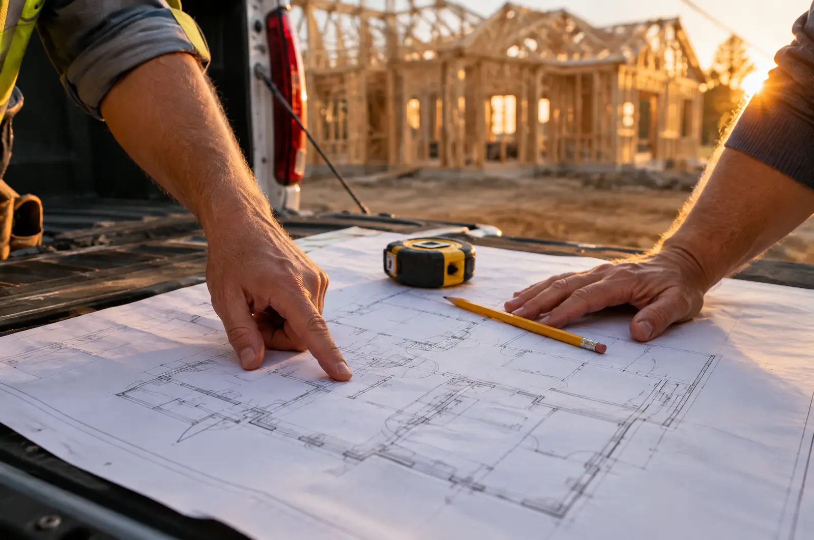 A builder and a homeowner pointing at house plans on a truck tailgate at the job site