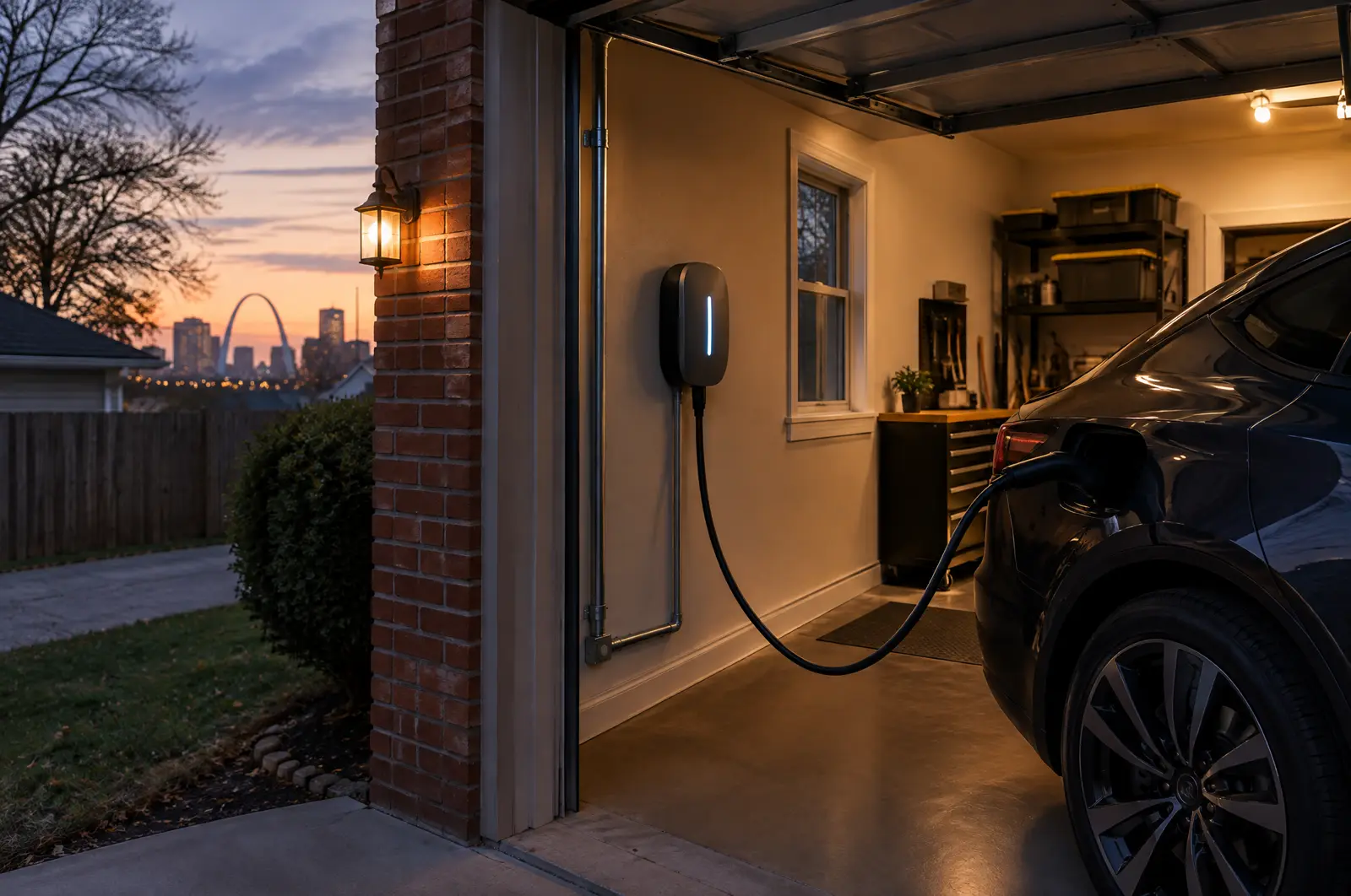A wall-mounted EV charger in a brick garage, plugged into an electric car at dusk