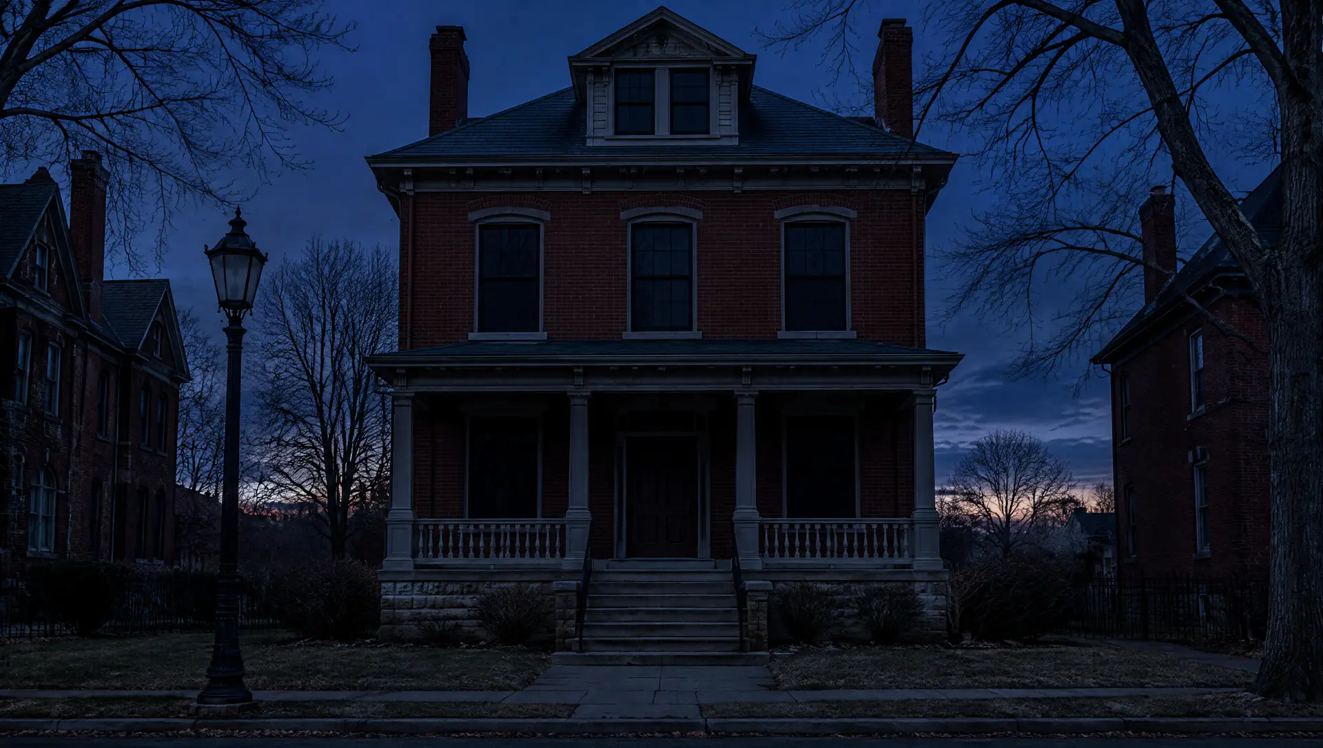A red-brick Benton Park house at dusk with every light off