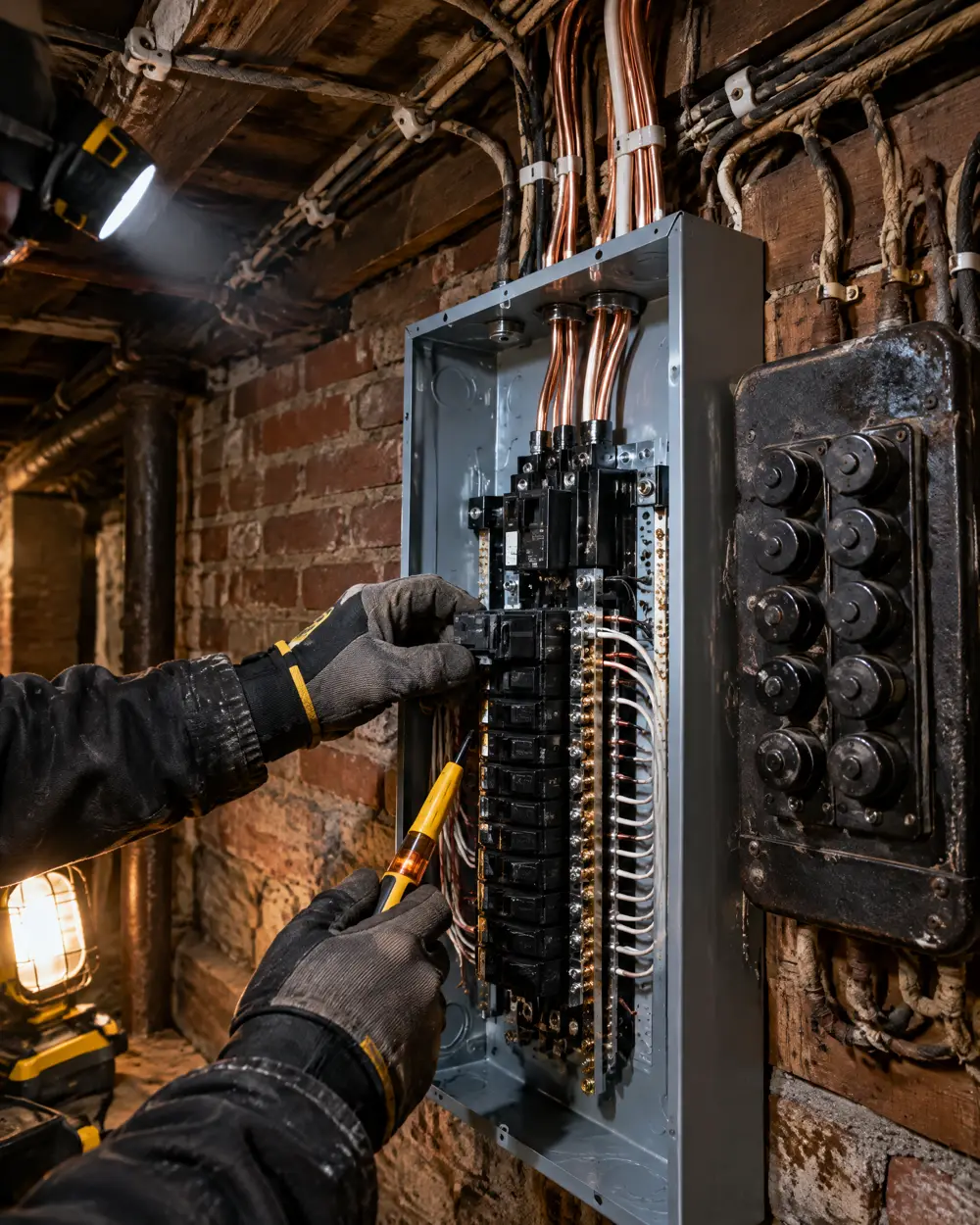 An electrician wiring a new breaker panel next to an old fuse box in a brick basement