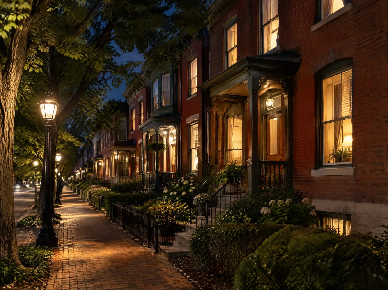 A row of Benton Park brick houses at night with porch lights and street lamps on