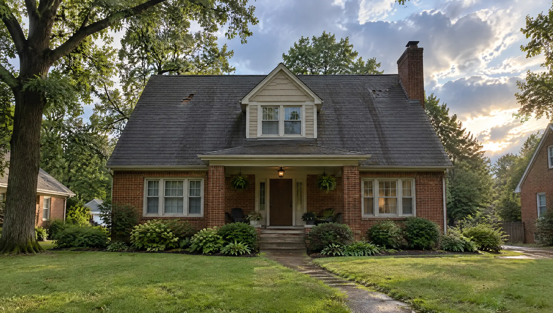 A 1920s brick house in Webster Groves with a worn dark shingle roof under big oak trees