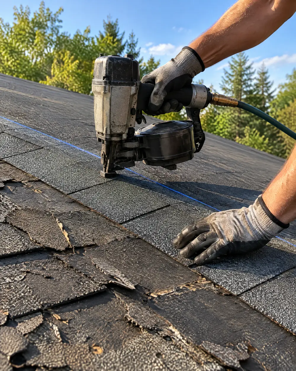 A roofer nailing a new row of shingles above old torn ones
