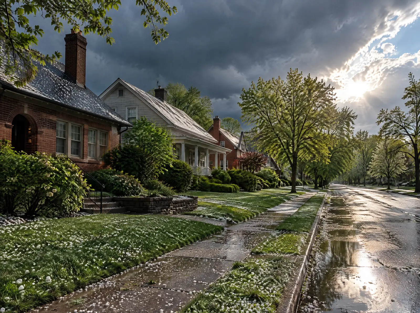 A Webster Groves street just after a hailstorm, with hailstones on wet lawns and clouds breaking