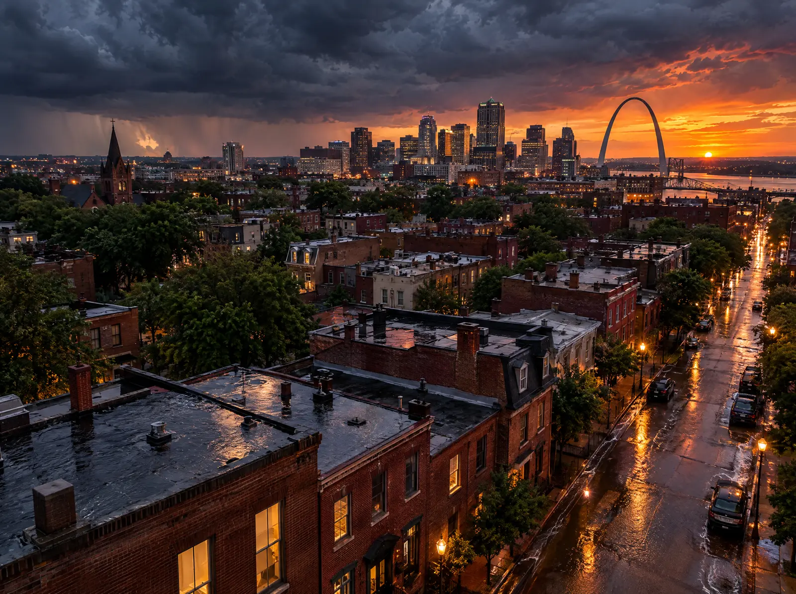 Dusk over the brick houses of Shaw with the St. Louis skyline and the Arch in the distance