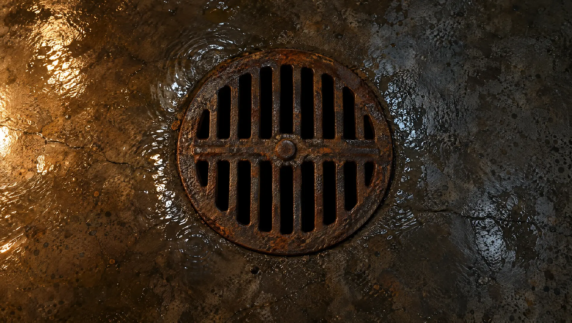 An old cast-iron floor drain in a wet brick basement, lit by a work light