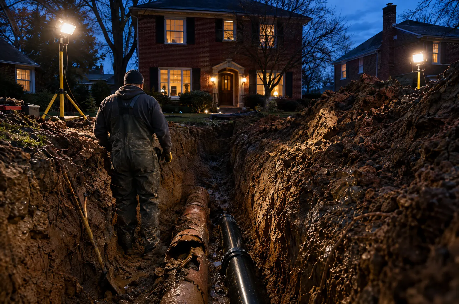 A plumber beside an open trench showing an old clay sewer pipe and a new section