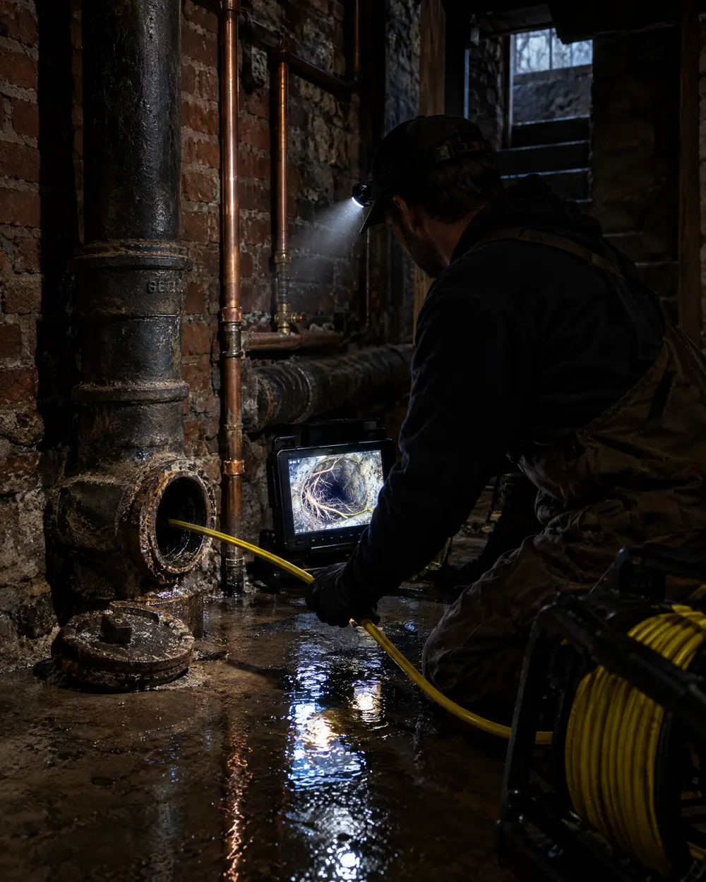 A plumber feeds a sewer camera cable into a cast-iron cleanout in a brick basement