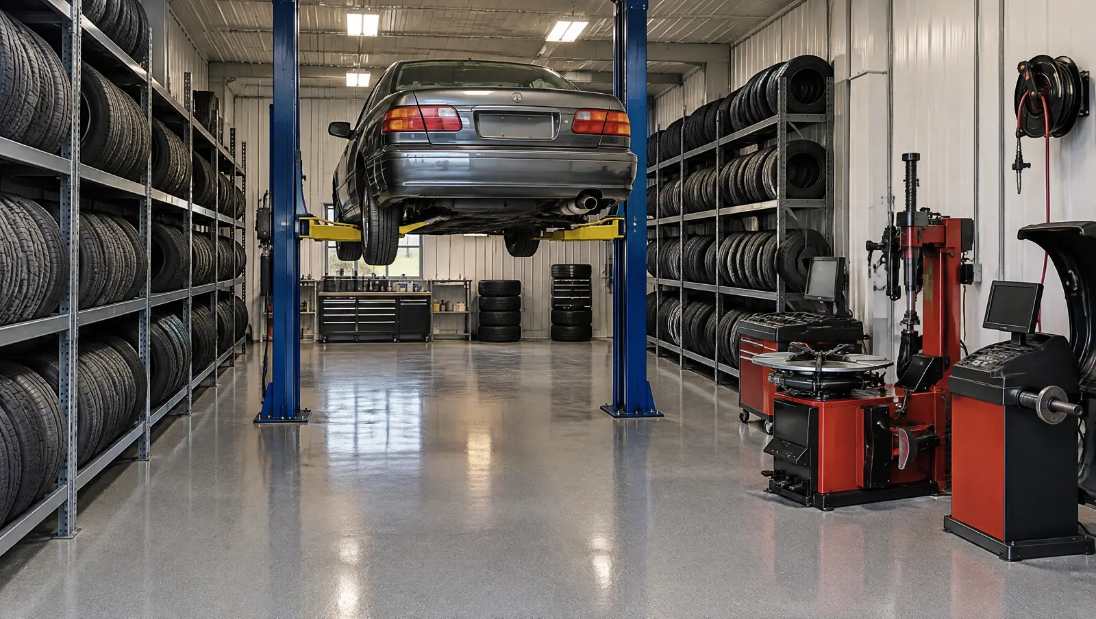 Inside the bay: a car on a lift between tall racks of used tires sorted by size