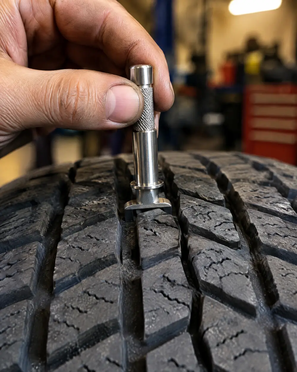 A tread depth gauge pressed into the grooves of a used tire with plenty of tread