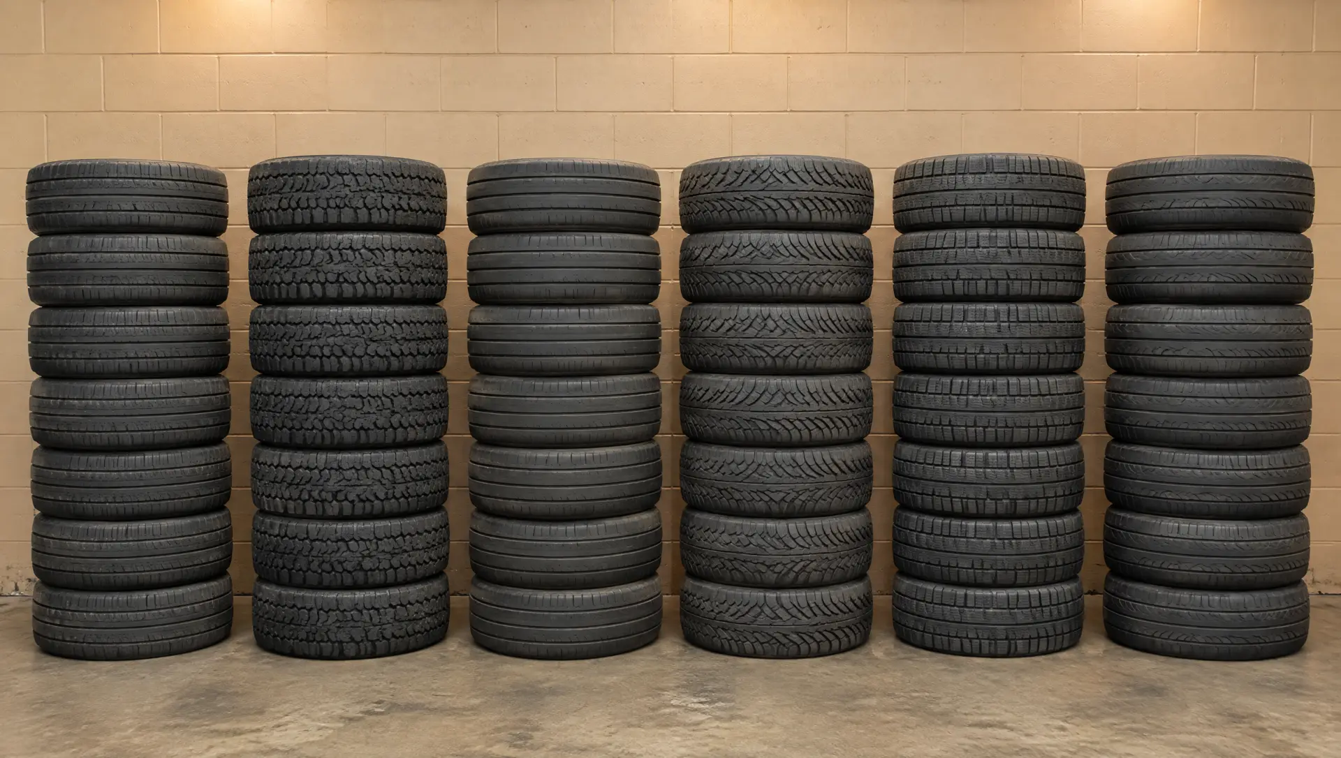 Six stacks of used tires sorted by size against the shop's back wall