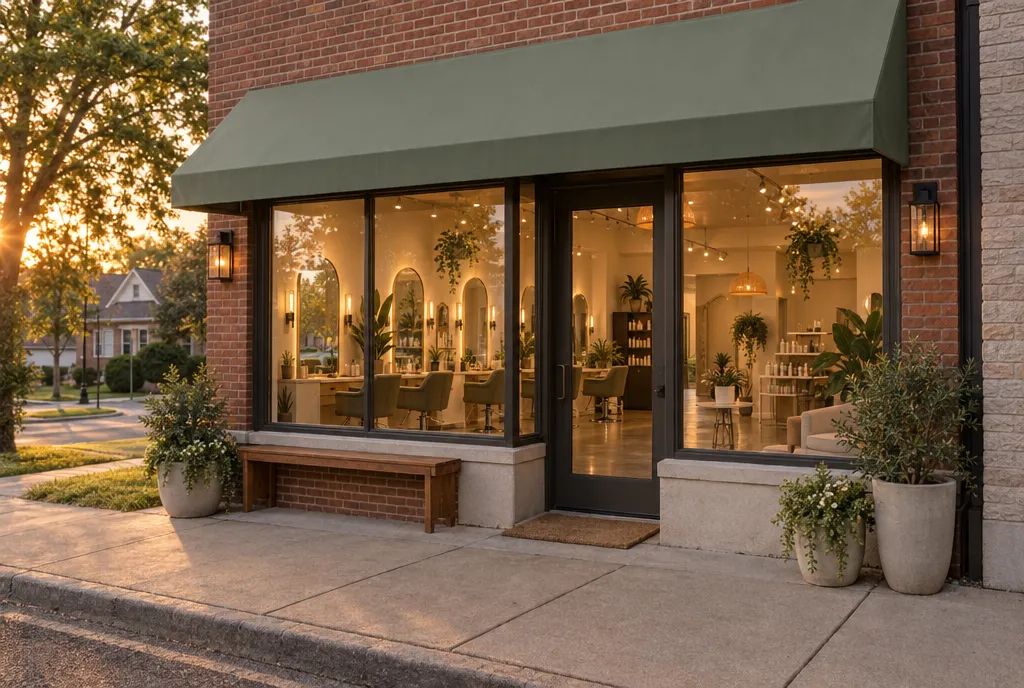 The Sunday Chair storefront at golden hour with a sage awning and a bench out front