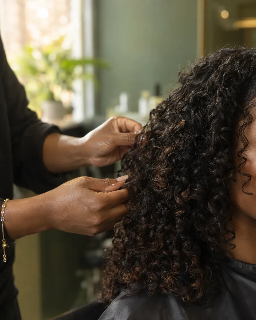 A stylist defining glossy natural curls