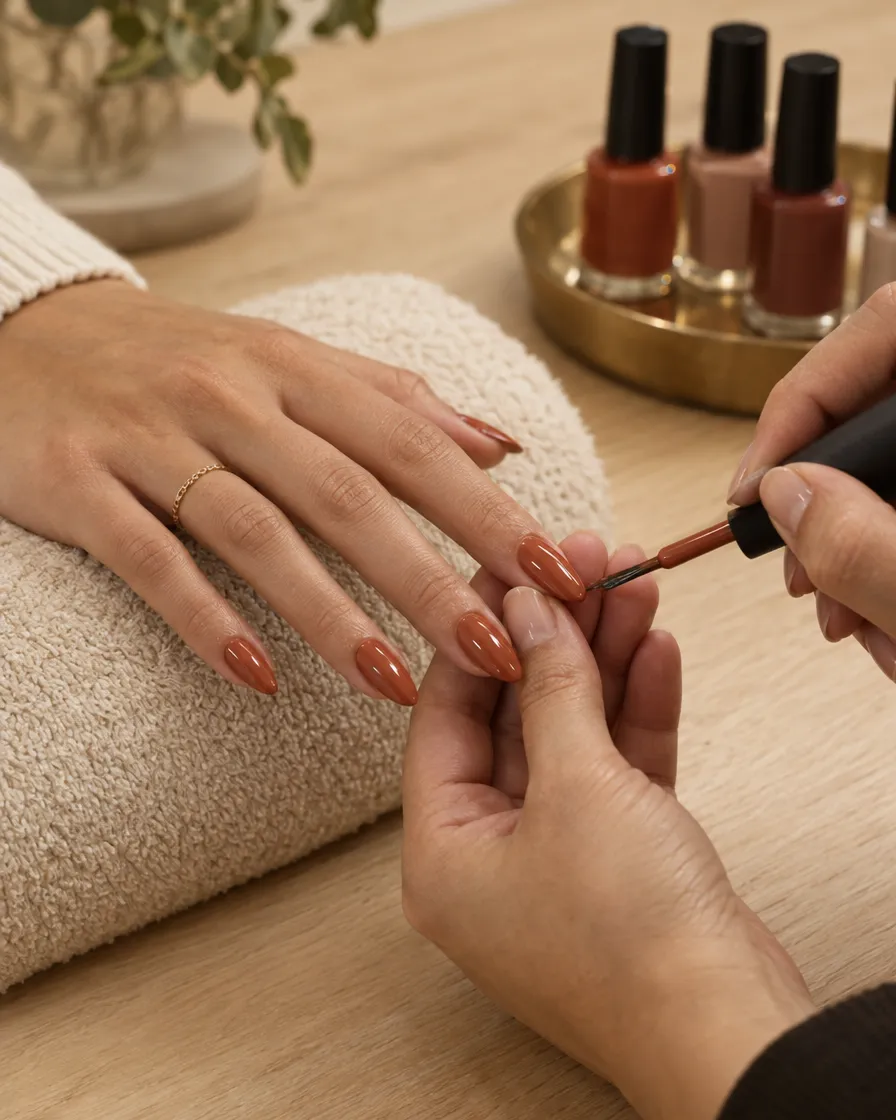 Terracotta gel polish being painted on almond nails