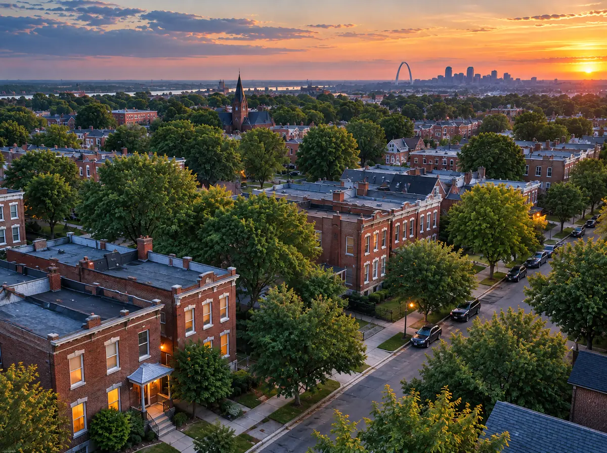 Brick two-family flats in St. Louis at dusk