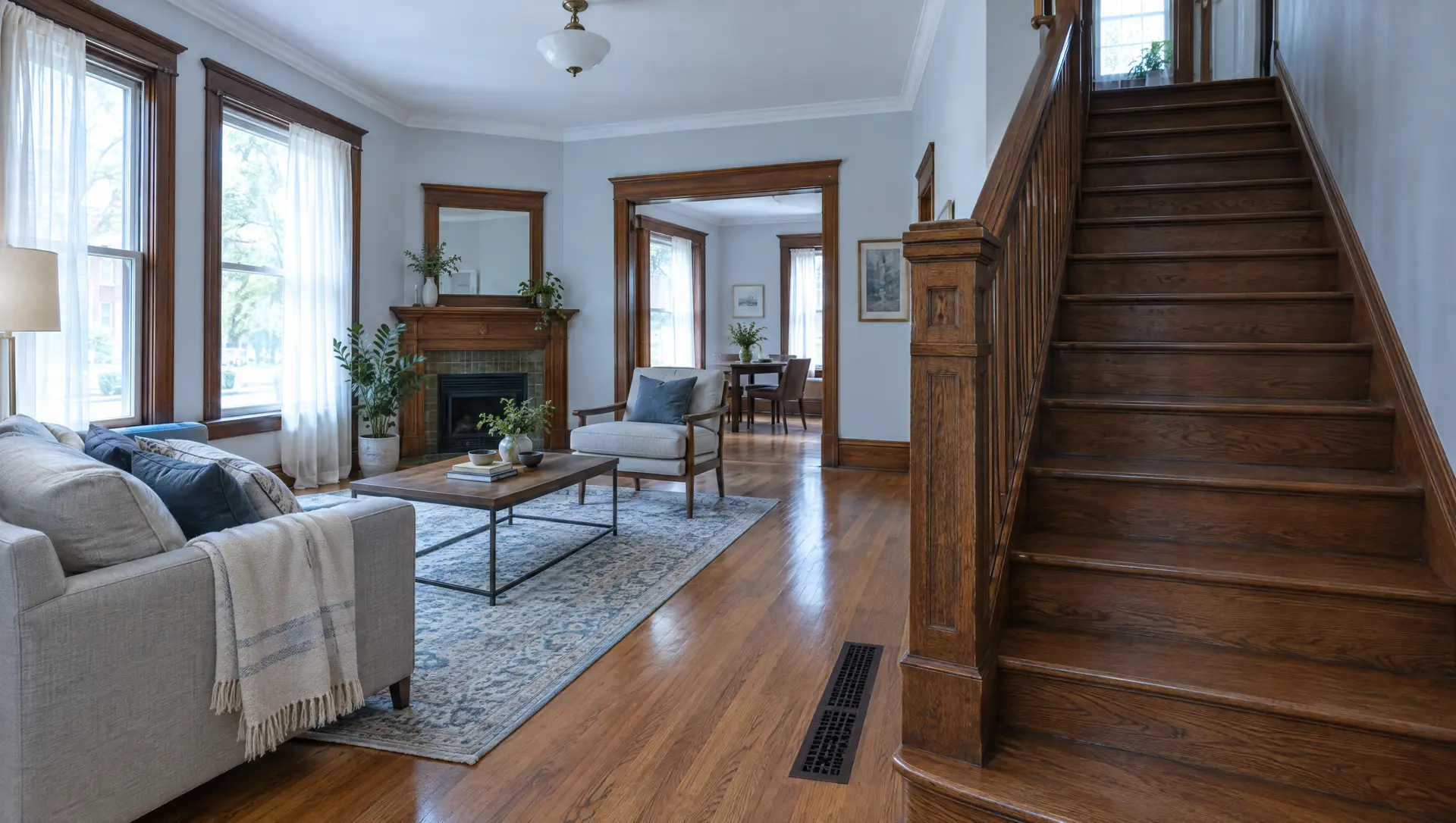 A cool ground-floor living room in a St. Louis two-family flat with a wood staircase going up