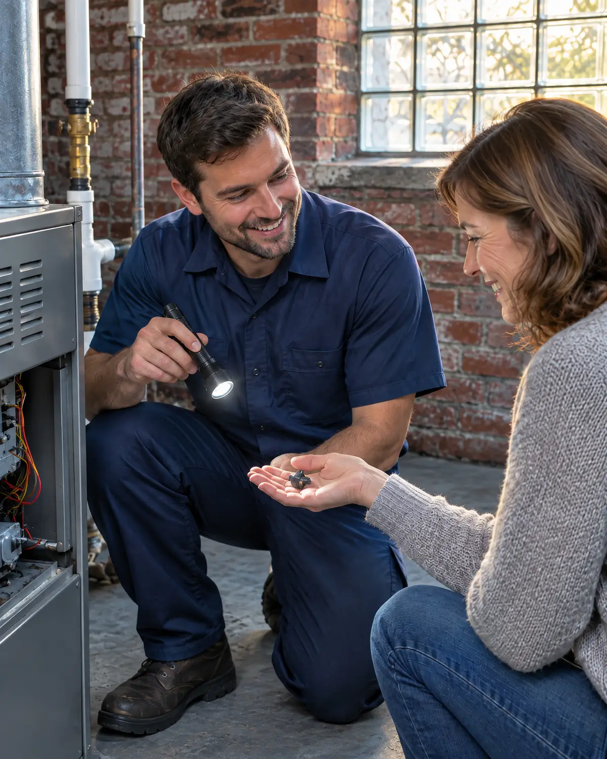 A technician working on a furnace in a brick basement